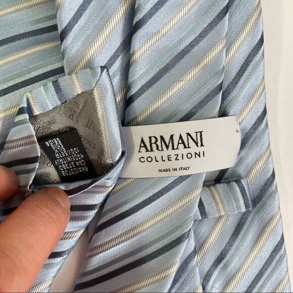 ARMANI COLLEZIONI Woven Silk Tie Blue Silver Stripe Print - Picture 4 of 5